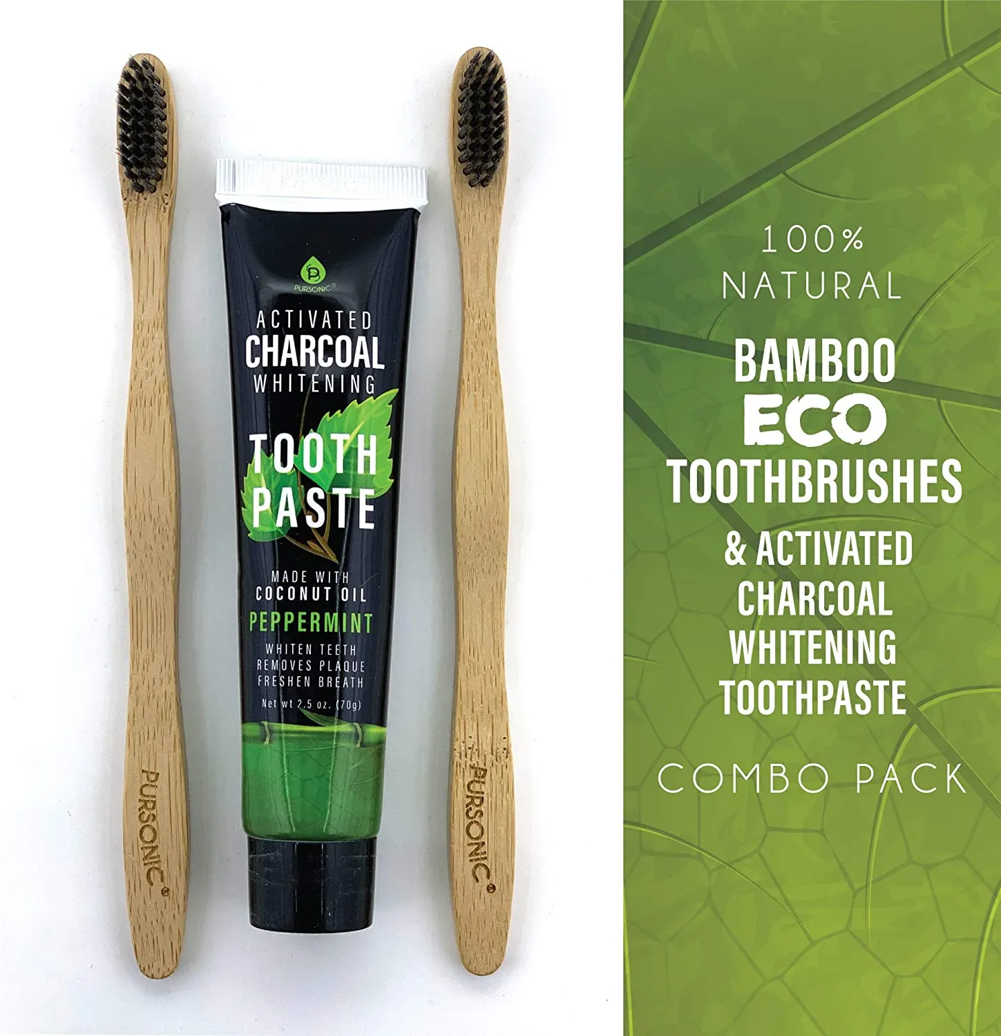 100% Natural Eco Soft Bristles Bamboo Toothbrushes & Charcoal Whitening Toothpaste Set, Whitens & Removes Stains - Eco-Friendly, BPA Free, & Biodegradable