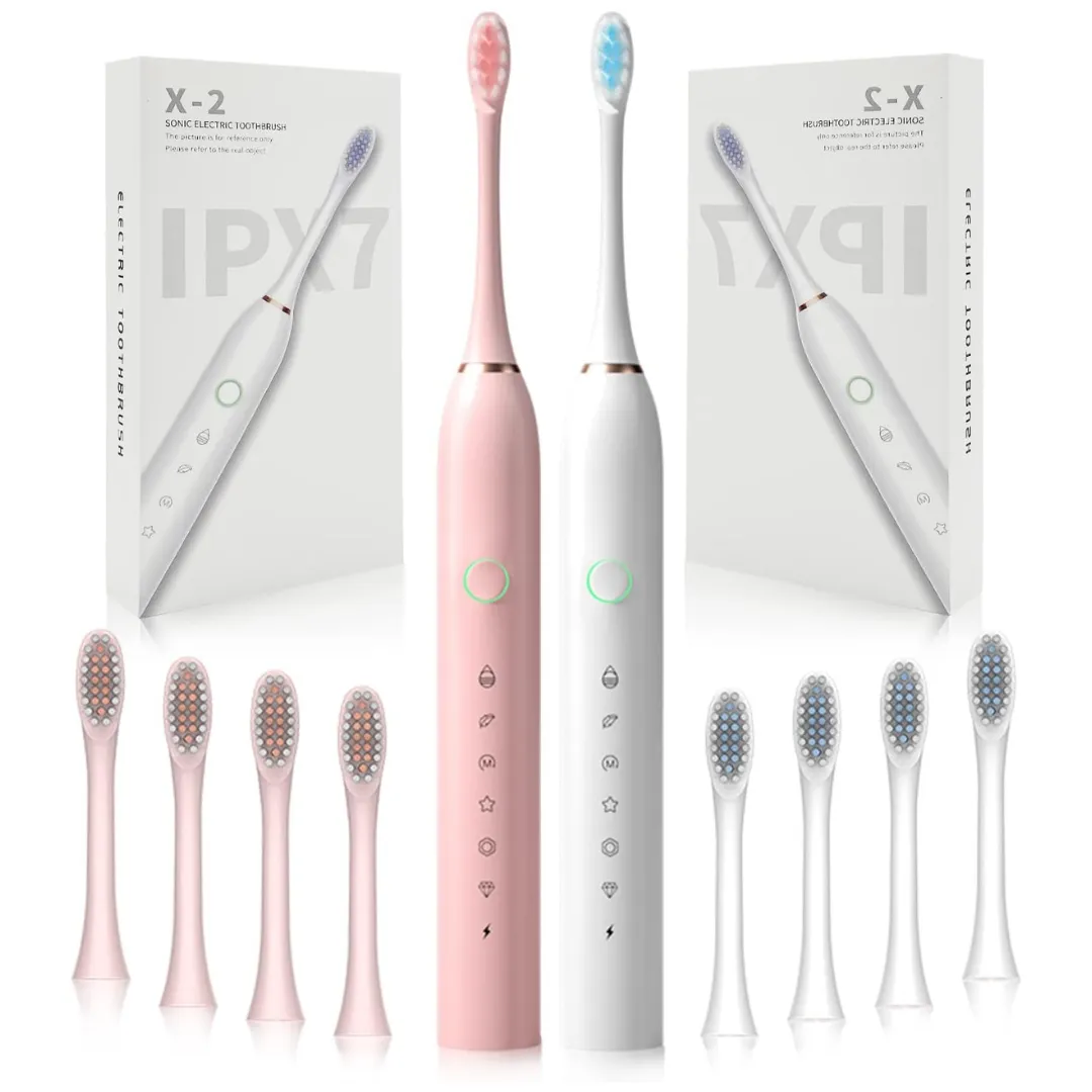 2-Pack Rechargeable Waterproof Electric Toothbrush W/ 8 Brush Heads