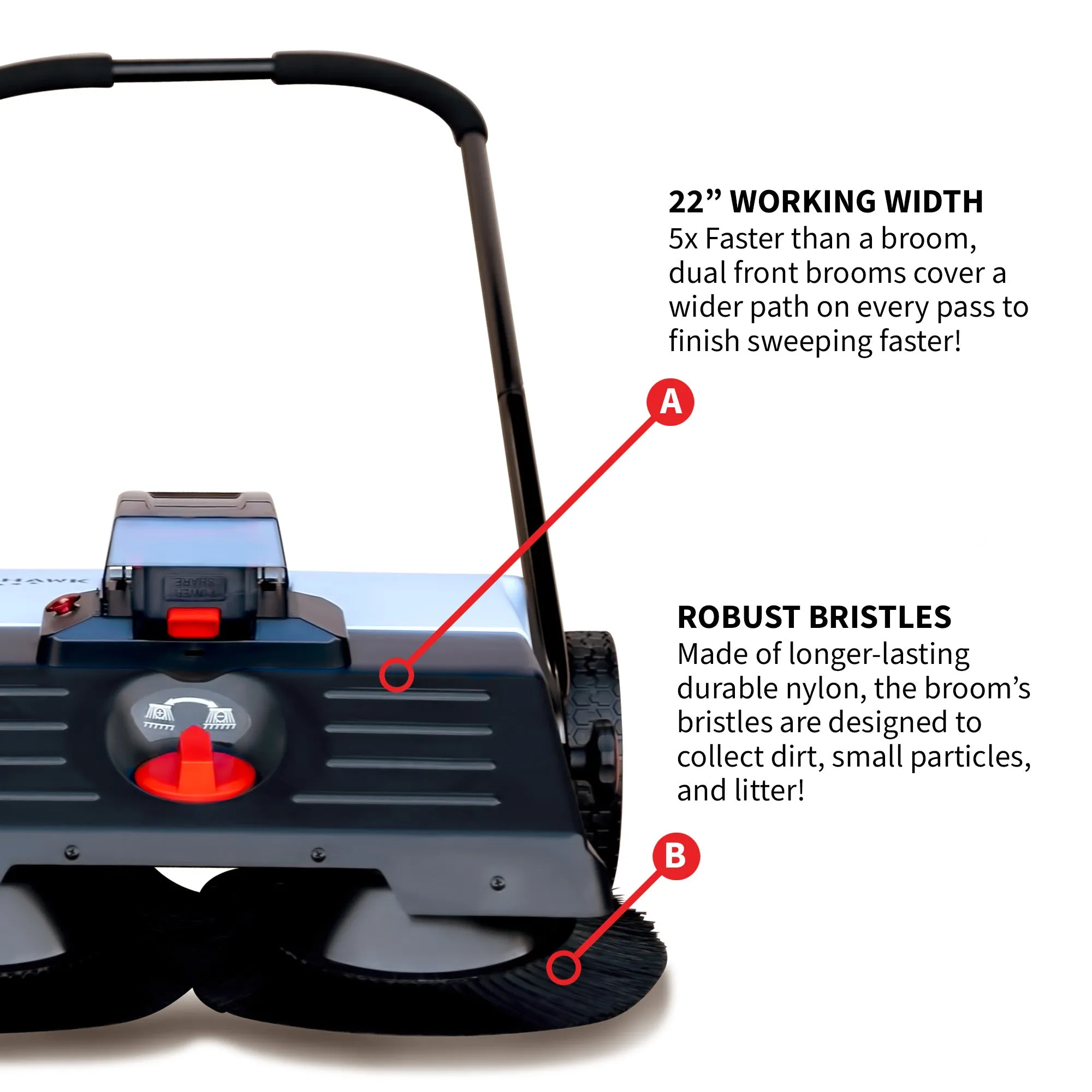 22" Battery Powered Push Sweeper With Double Brush System 18V Lithium-Ion