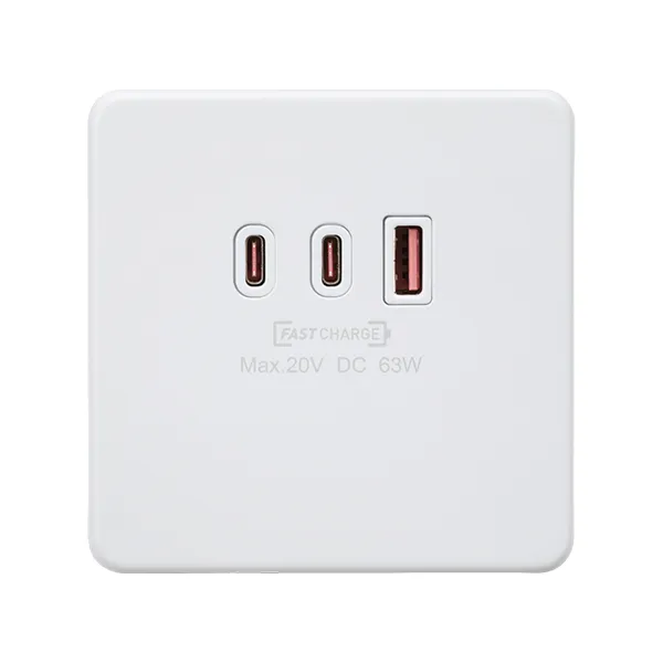 230V Triple USB Charger Plate 2xUSB-C 1xUSB-A [20V DC Max. 63W] - Matt White