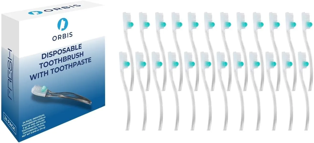 24 Pack Travel Brush 2-in-1 Disposable Toothbrushes with Built-in Toothpaste