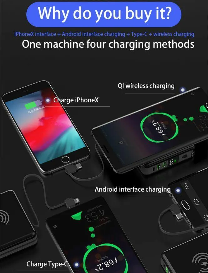 3 In 1 Wireless Charging 10000mah Power Bank Wall Charger With Built In Cable