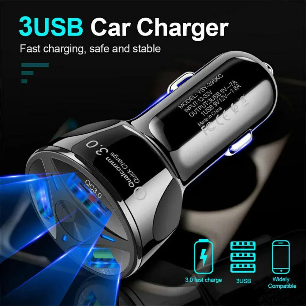 3 Port Fast LED White Car Charger   3 in 1 Cable Combo Red