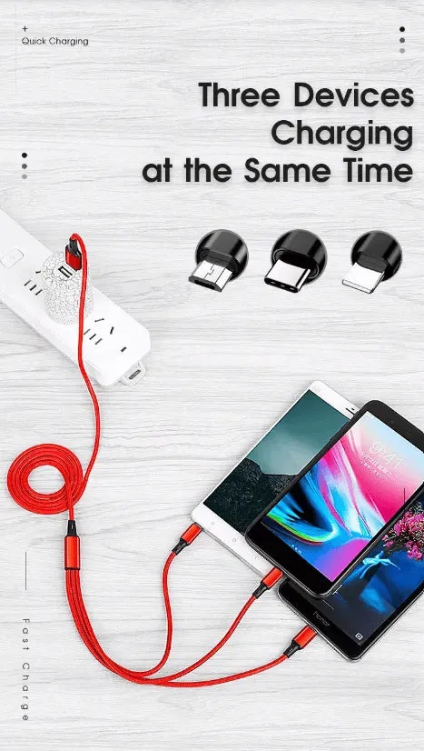 3 Port Fast LED White Car Charger   3 in 1 Cable Combo Red