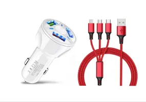 3 Port Fast LED White Car Charger   3 in 1 Cable Combo Red