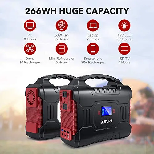 300W Portable Power Station, BUTURE 266Wh Solar Outdoor Generator, 72000mAh 60W PD Power Bank with Dual 110V Pure Sine Wave AC Outlets 12V/10A DC Out, CPAP Battery Power Supply for Camping Emergency