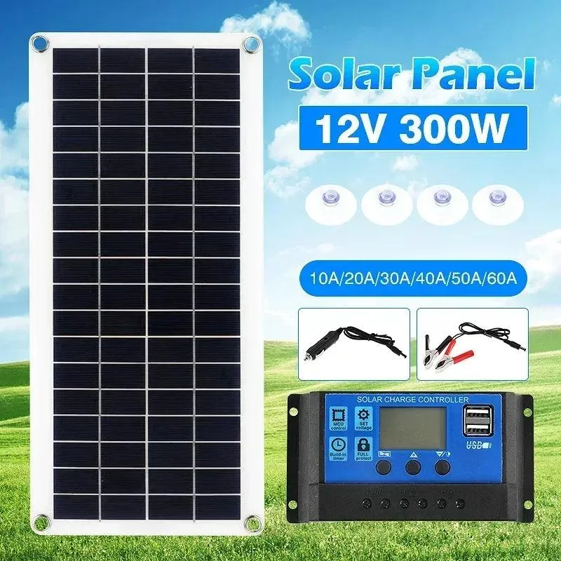 300W Versatile Flexible Solar Panel with Dual USB and 10A-60A Controller for Charging Phones, Cars, Yachts, and RVs