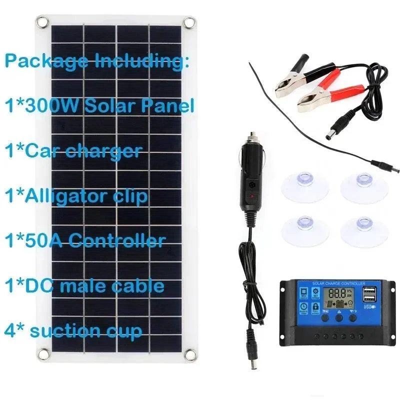 300W Versatile Flexible Solar Panel with Dual USB and 10A-60A Controller for Charging Phones, Cars, Yachts, and RVs