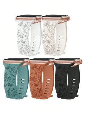 5pcs Monochrome Silicone Floral Butterfly Laser Engraved Watch Bands