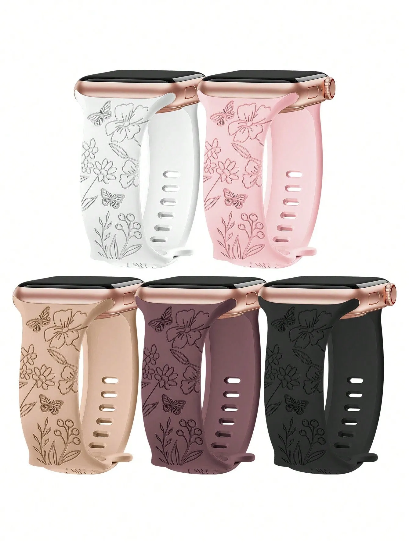 5pcs Monochrome Silicone Floral Butterfly Laser Engraved Watch Bands