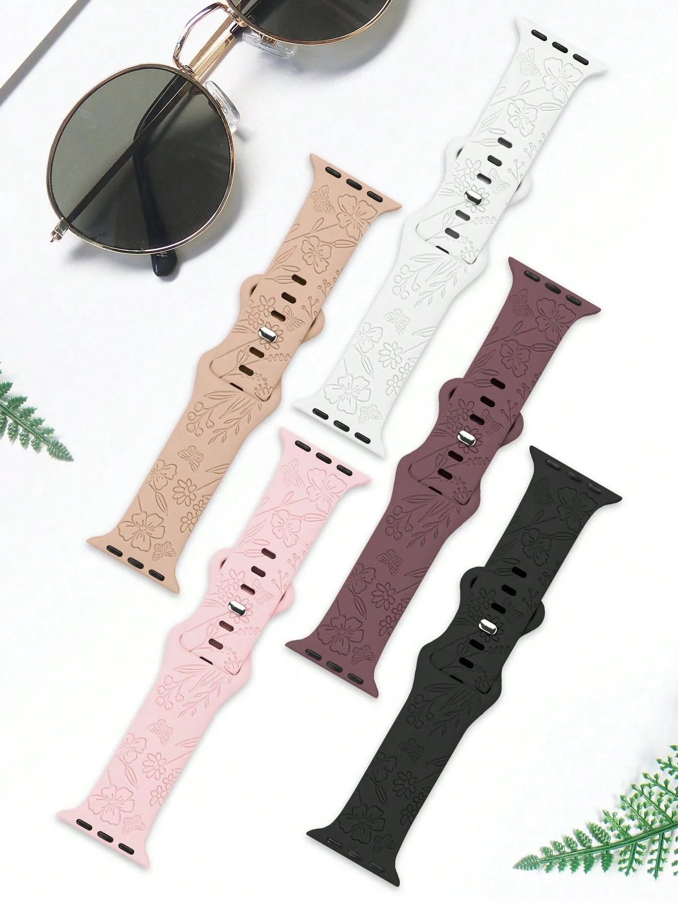 5pcs Monochrome Silicone Floral Butterfly Laser Engraved Watch Bands