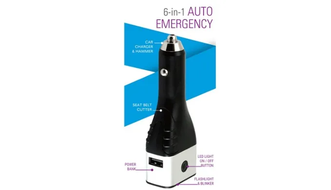 6-in-1 Car Charger/Power Bank/Hammer/Flashlight/Belt Cutter - Ships Same/Next Day!