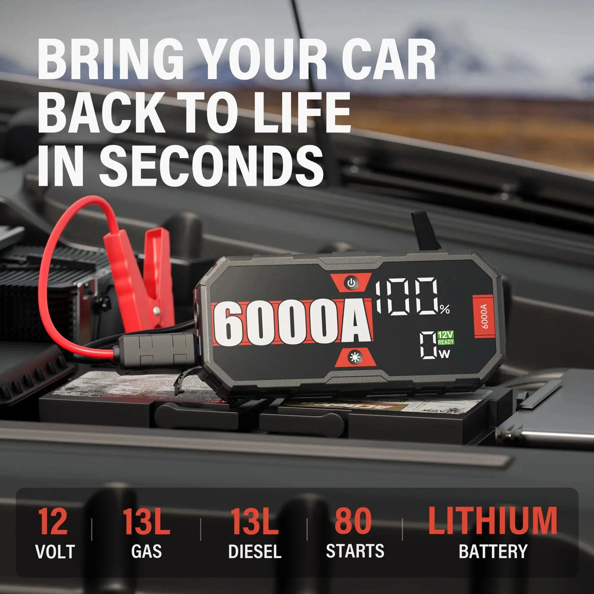 6000A High-Power Portable Car Jump Starter with Fast Charge Power Bank and 12V Emergency Booster