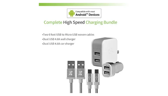 8-Piece: Ubio Labs 4x 6ft Micro USB Woven Cables, 2x Dual Wall, 2x Car Chargers (Bulk Packaging)