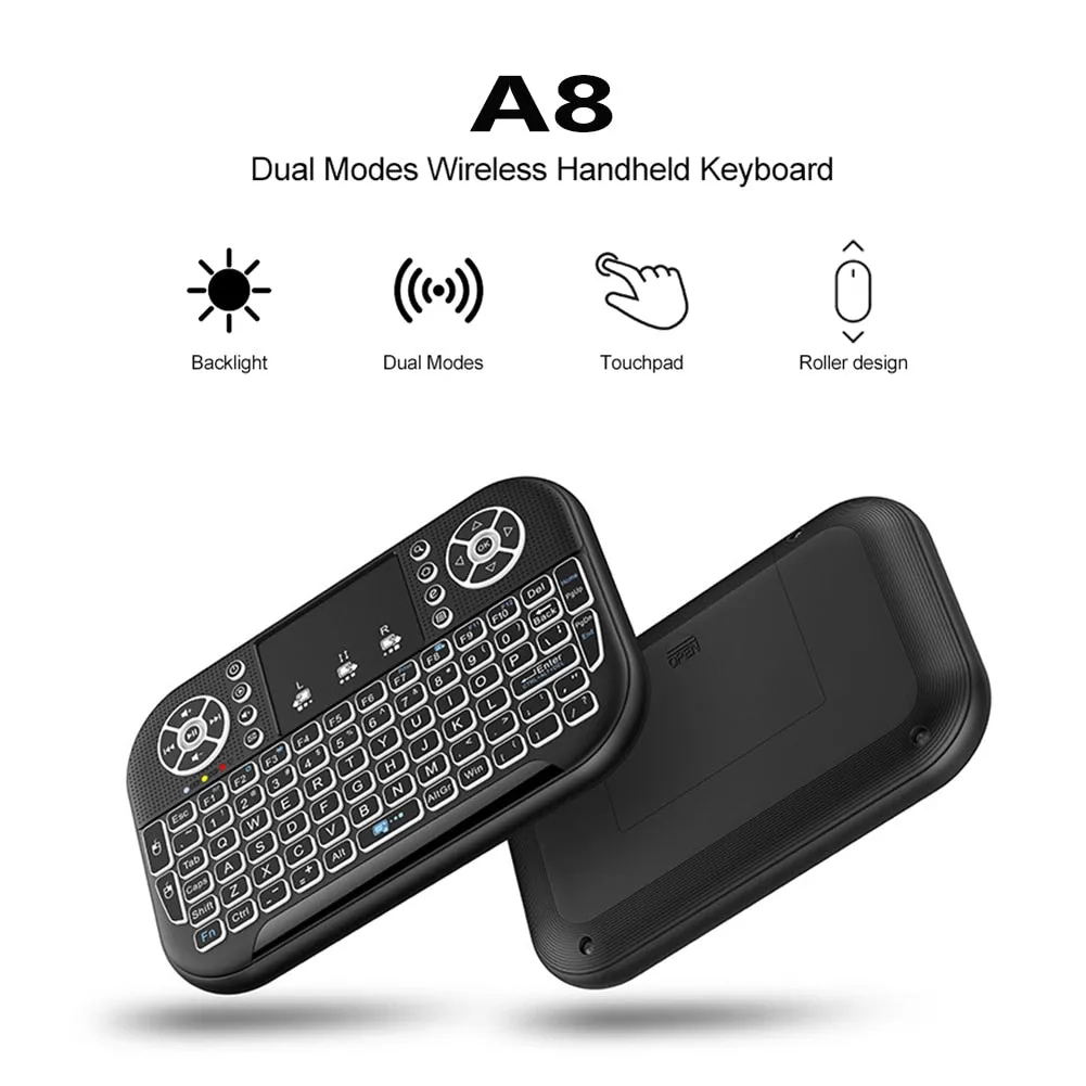 A8 Rechargeable Ergonomic 2.4G Air Mouse Touchpad Backlit Wireless Keyboard with USB Receiver for Smart TV Box Accessories