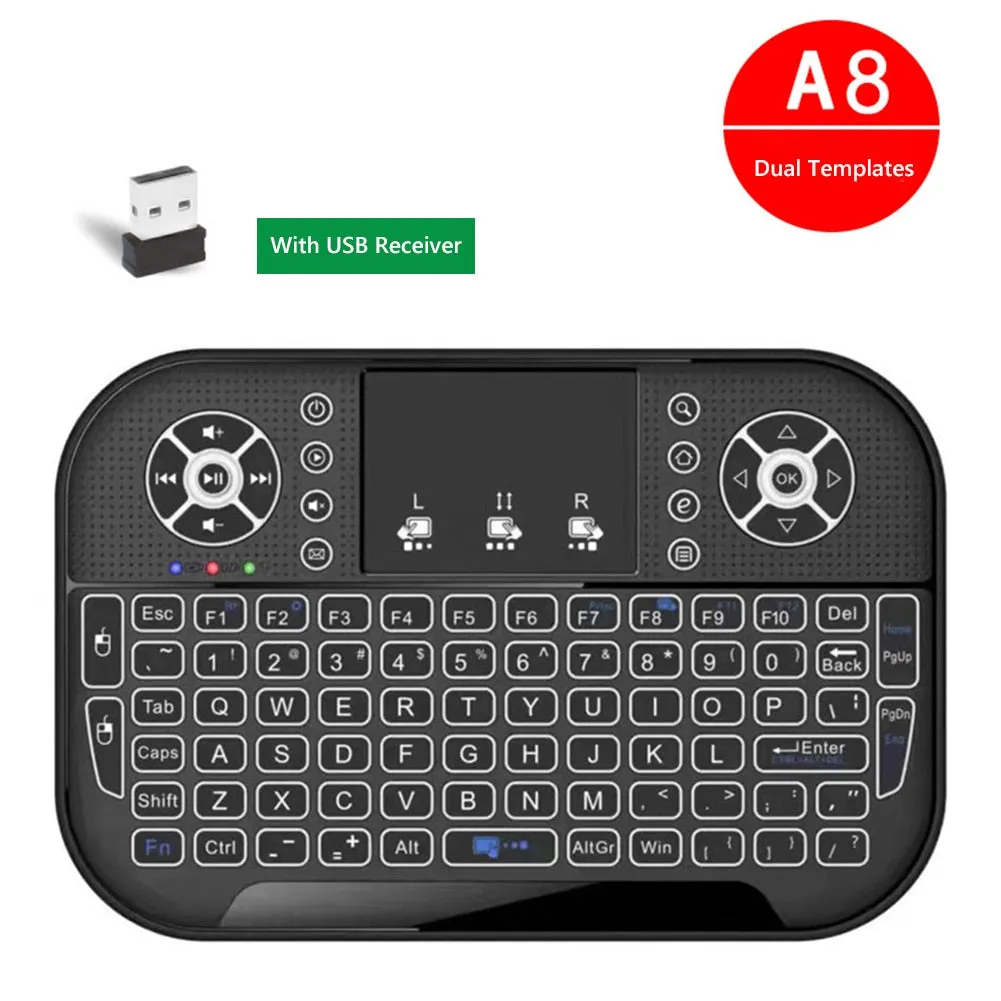 A8 Rechargeable Ergonomic 2.4G Air Mouse Touchpad Backlit Wireless Keyboard with USB Receiver for Smart TV Box Accessories