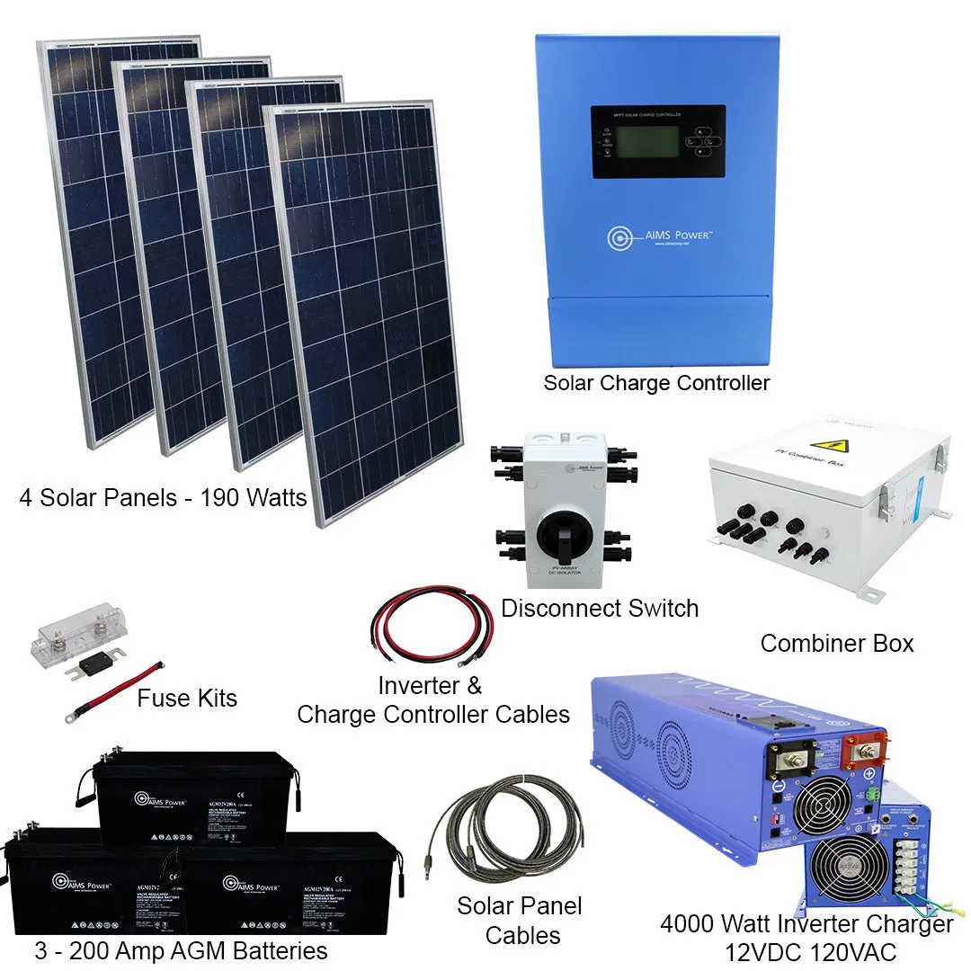 Aims Power - 760 WATT SOLAR WITH 4000 WATT PURE SINE POWER INVERTER CHARGER 12 VDC 120VAC - KITD-4KW12V760W