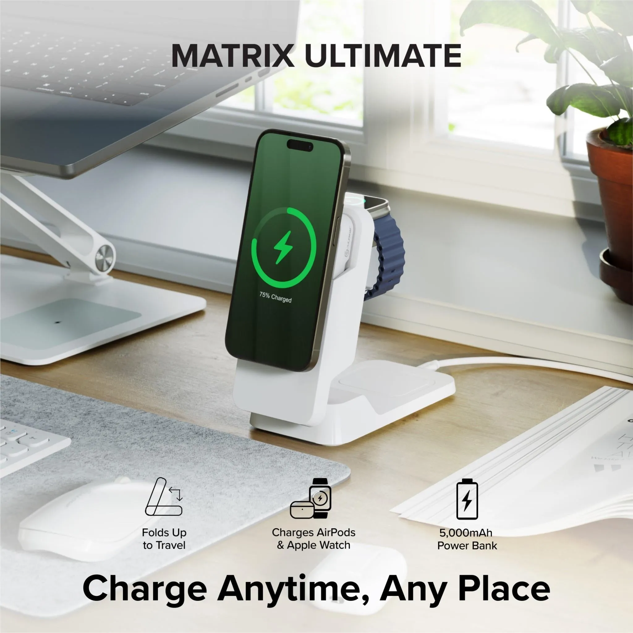 ALOGIC Matrix Fold 3-in-1 Travel Charger with 5K MagSafe Power Bank (White)