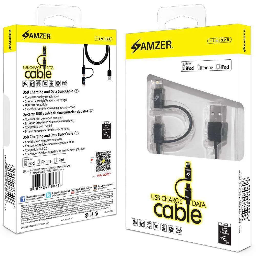 Amzer Apple MFi Certified 2-1 Sync & Charge Lightning cable with micro usb(3.2 Ft/ 1 M)