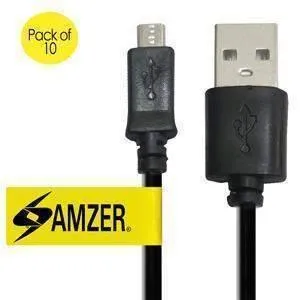 Amzer Universal Micro USB to USB 2.0 Data Sync and Charge Cable 1ft. Pack of 10 - Black