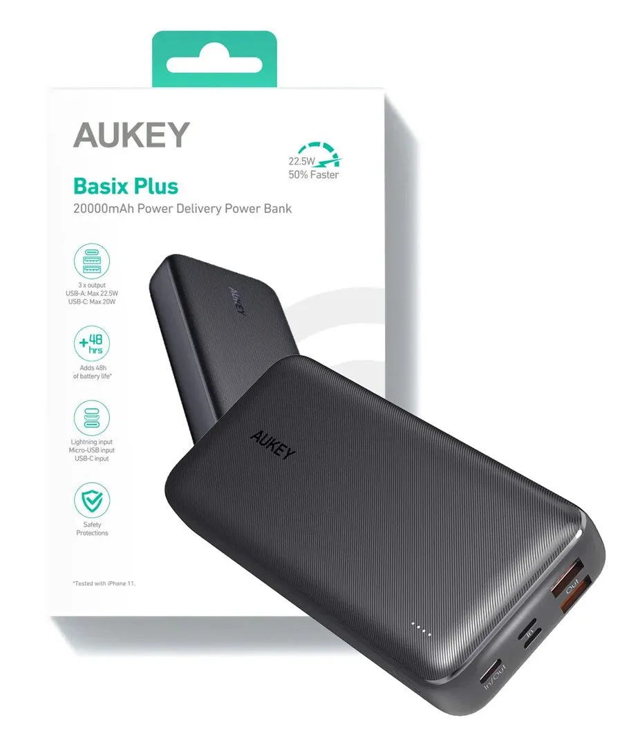 Aukey Pb-N74s Power Bank 20000Mah 22.5W Qc 3.0 Pd 3.0 5Xusb Scp Lcd Black