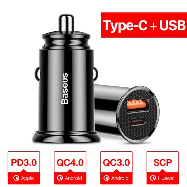 Baseus USB Car Charger Quick Charge 4.0 QC4.0 QC3.0 QC SCP 5A PD Type C 30W Fast Car USB Charger For iPhone Xiaomi Mobile Phone