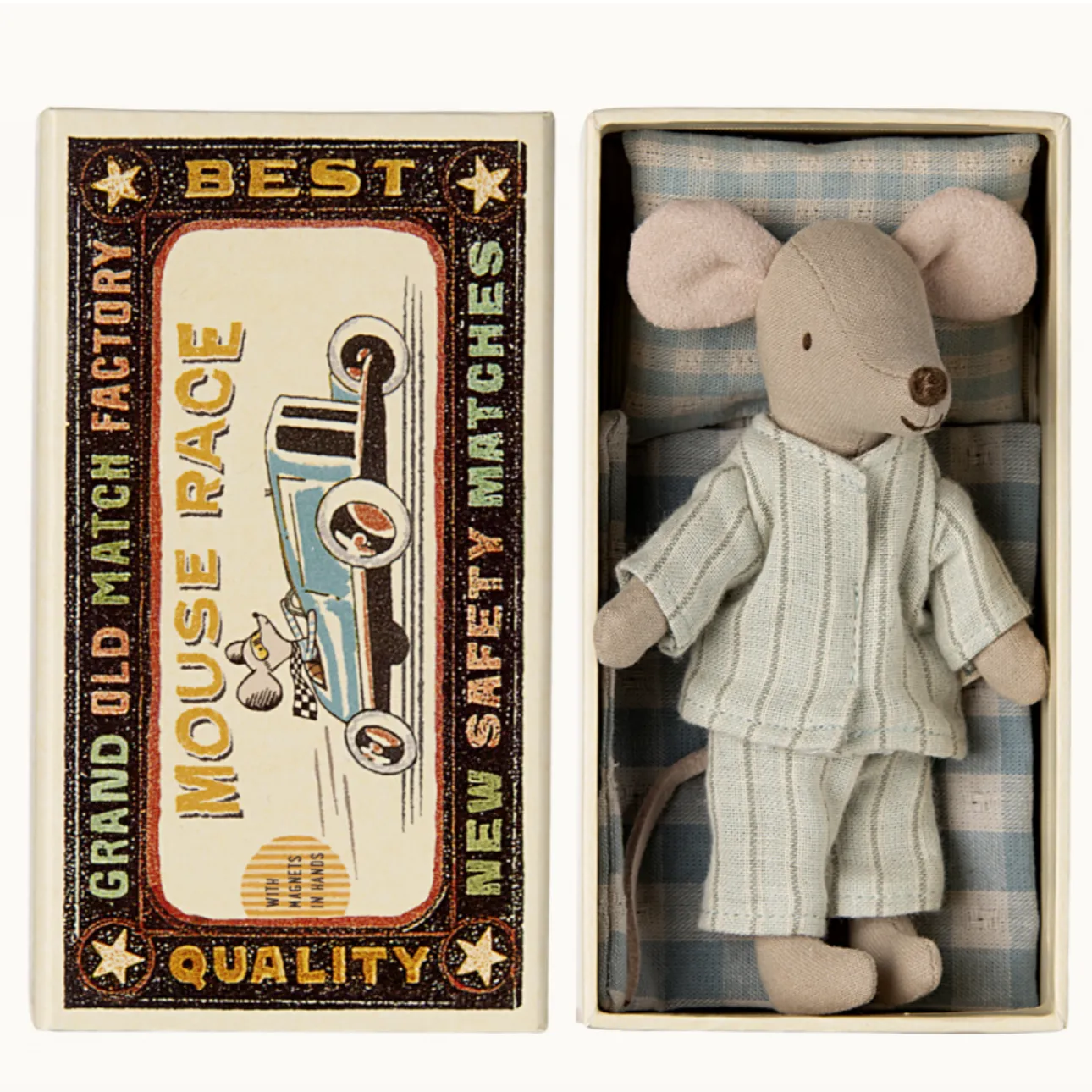 BIG BROTHER MOUSE IN MATCHBOX - MINT STRIPES PJS   MAGNETS IN HANDS