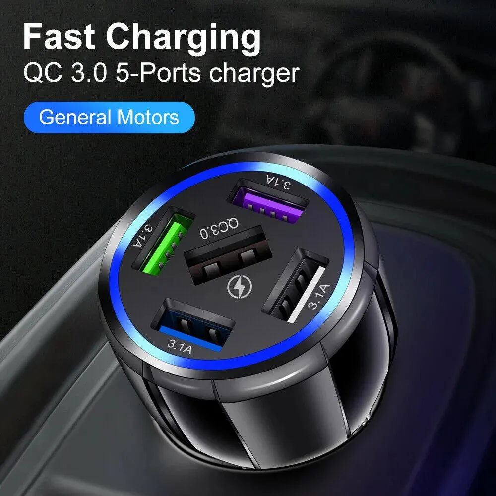 Black 5-Port USB Fast Car Charger with LED, 10FT iPhone Cable - Quick Charge 3.0