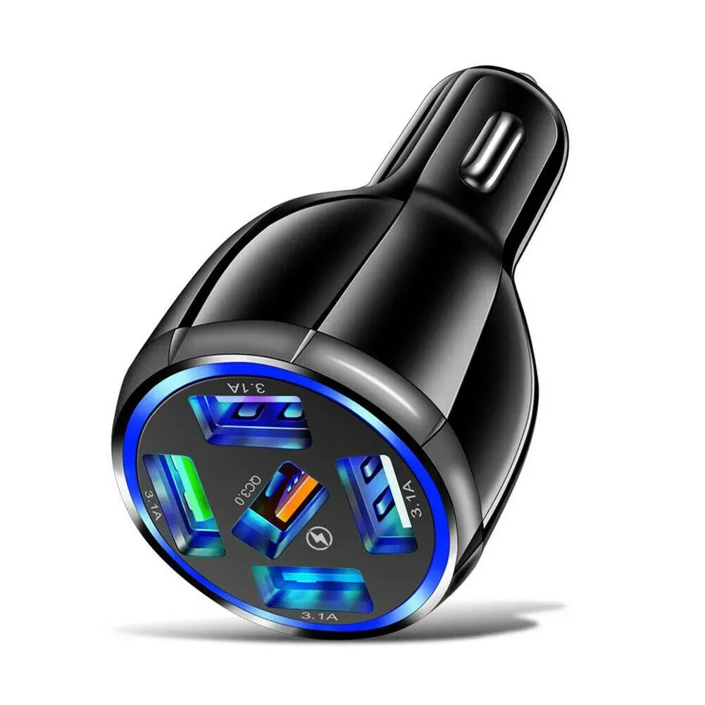 Black 5-Port USB Fast Car Charger with LED, 10FT iPhone Cable - Quick Charge 3.0