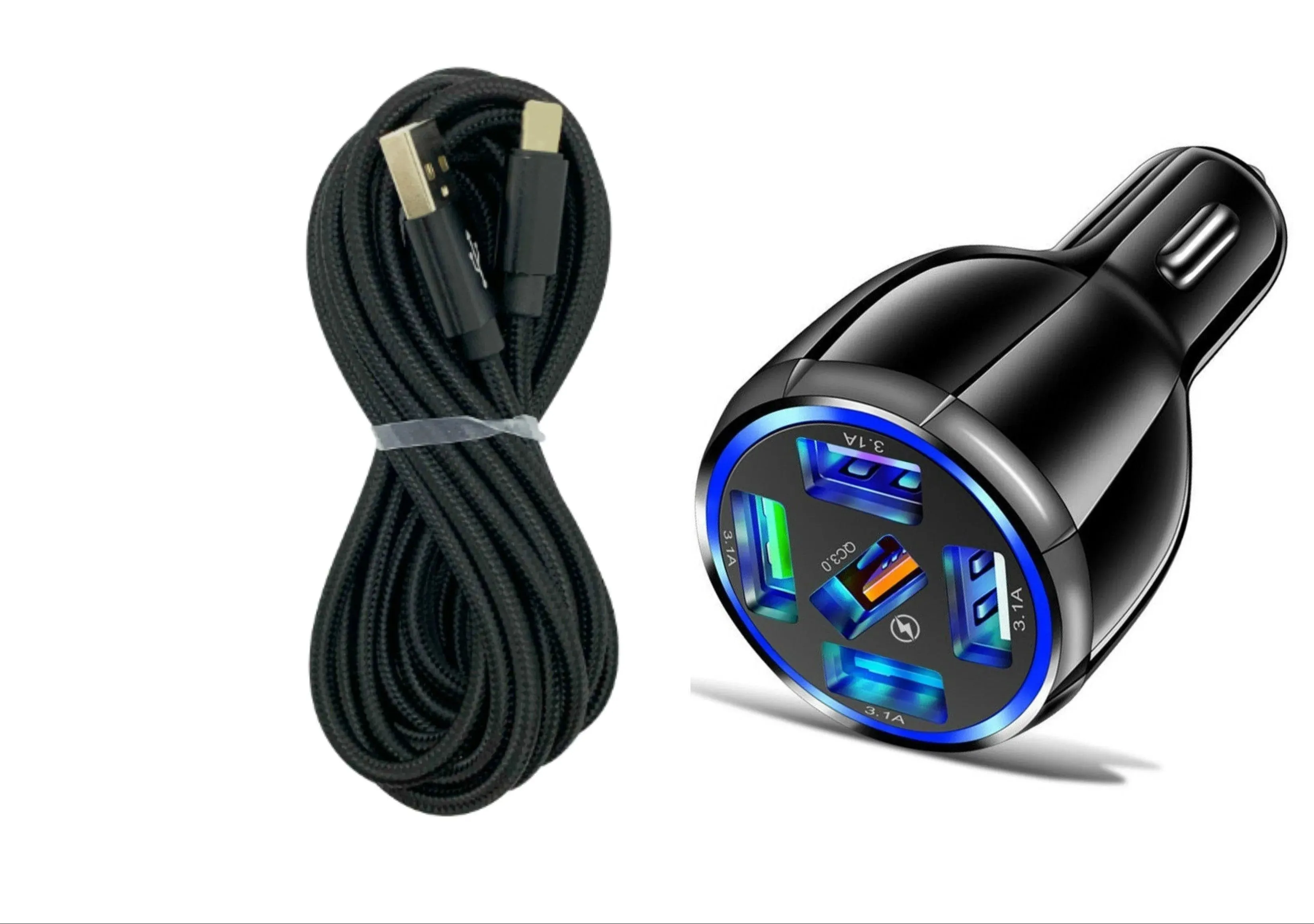 Black 5-Port USB Fast Car Charger with LED, 10FT iPhone Cable - Quick Charge 3.0