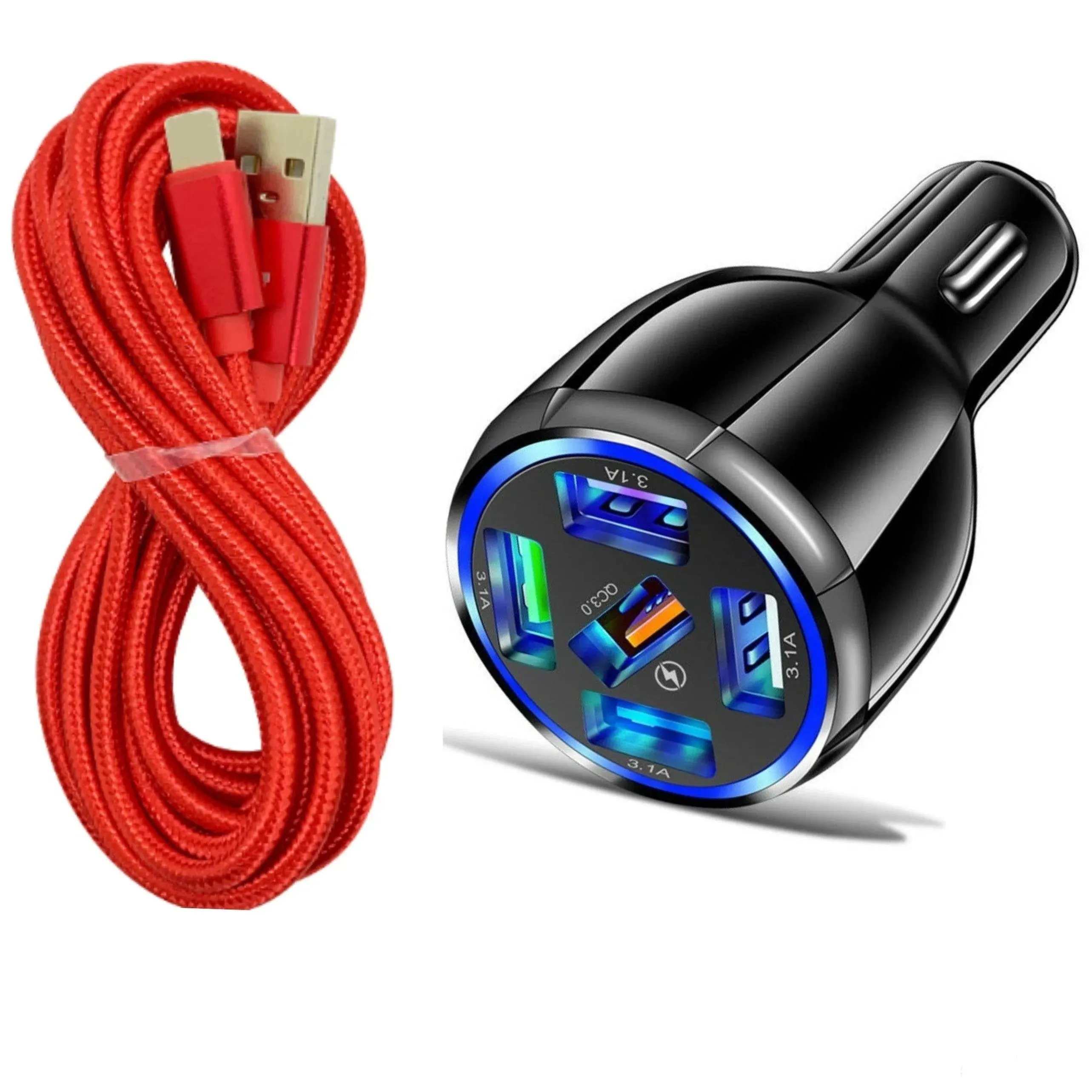 Black 5-Port USB Fast Car Charger with LED, 10FT iPhone Cable - Quick Charge 3.0