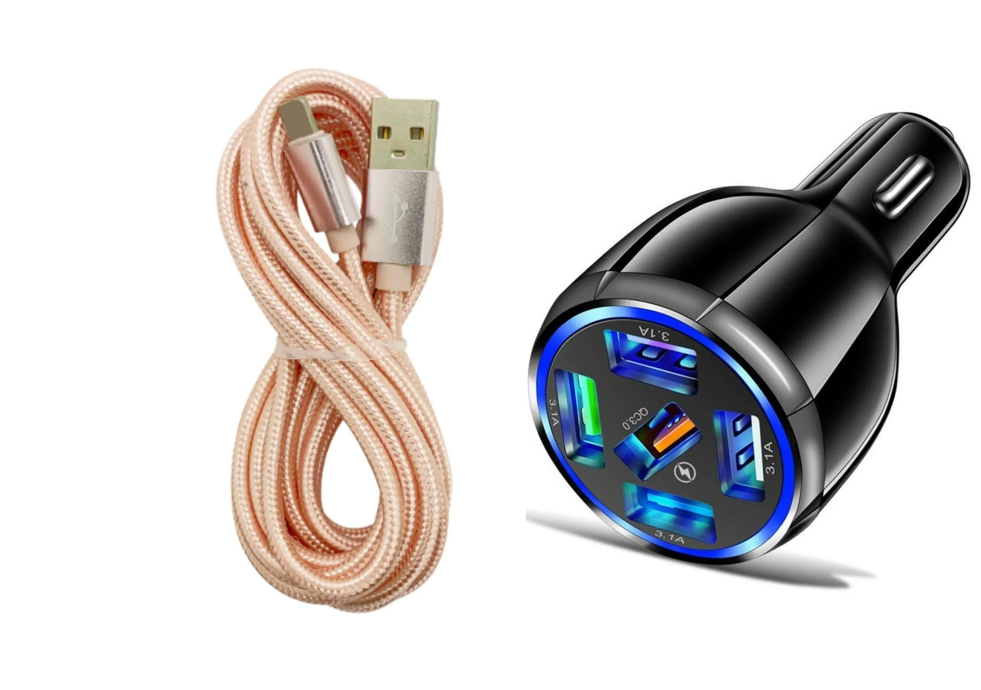 Black 5-Port USB Fast Car Charger with LED, 10FT iPhone Cable - Quick Charge 3.0