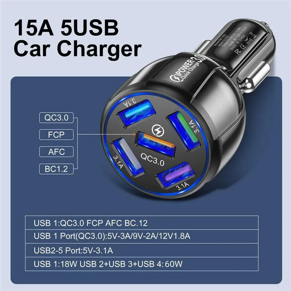 Black 5-Port USB Fast Car Charger with LED, 10FT iPhone Cable - Quick Charge 3.0