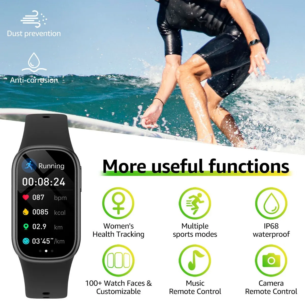 Black Smart Fitness Tracker with Bluetooth Calling, Heart Rate, Blood Pressure, Blood Oxygen, and Sports Modes