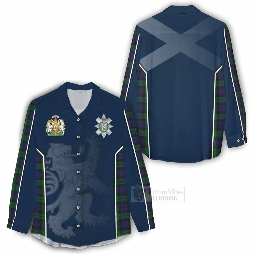 Black Watch Tartan Women's Casual Shirt with Family Crest and Lion Rampant Vibes Sport Style