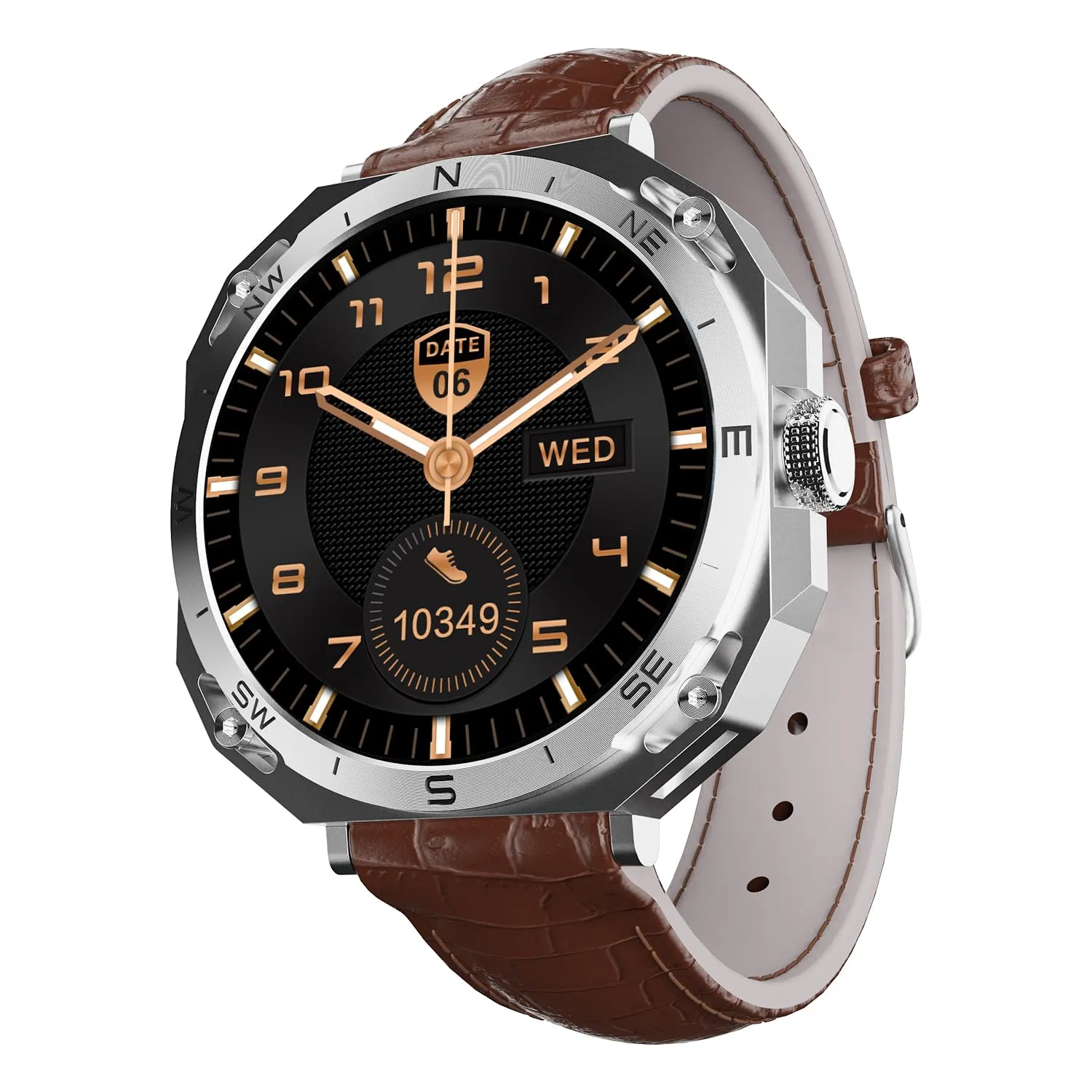 boAt Newly Launched Enigma Z20 Smart Watch with 1.51” HD Display, Luxurious Metal Body Design,Save upto 250 contacts,SOS, Password,Built-In games,Voice Assistant,HR&Sp02 Monitoring,IP68(Brown leather)