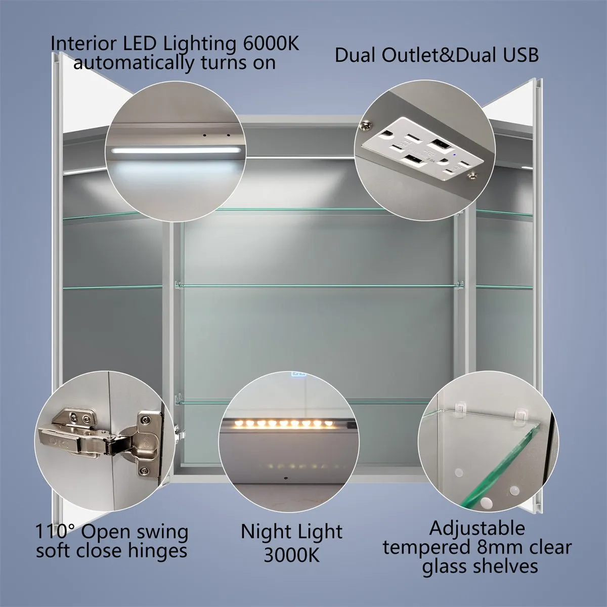 Boost-M2 30" W x 36" H Bathroom Light Medicine Cabinets Recessed or Surface Defogger, Dimmer, Clock，Outlets & USB