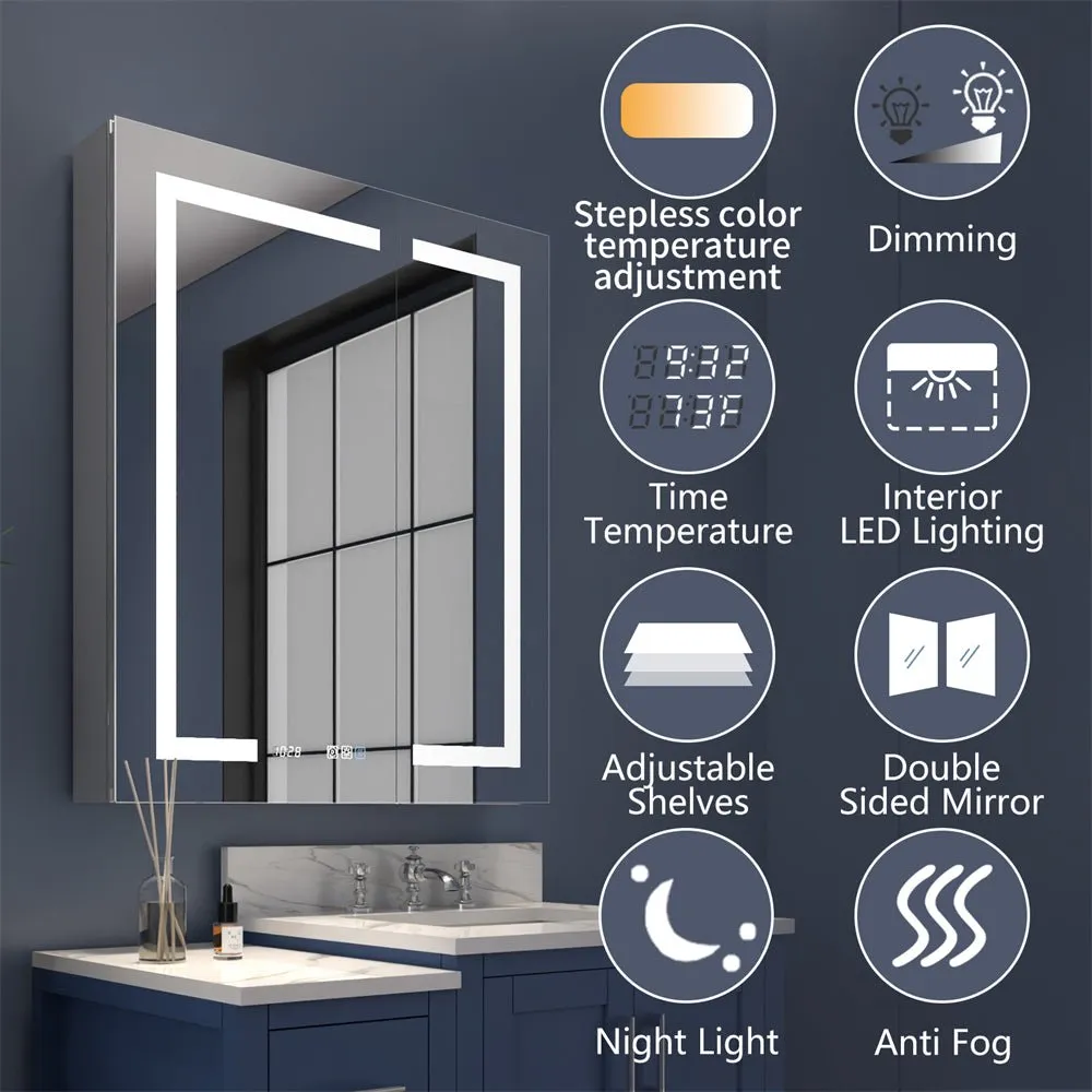 Boost-M2 30" W x 36" H Bathroom Light Medicine Cabinets Recessed or Surface Defogger, Dimmer, Clock，Outlets & USB