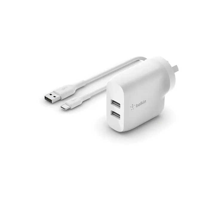 BoostCharge Dual USB-A Wall Charger 24W with USB-A to USB-C cable