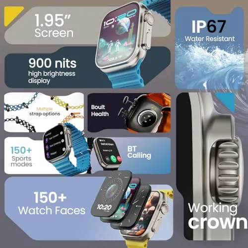 Boult Newly Launched Crown Smart Watch 1.95'' Display, Bluetooth Calling, Working Crown, Zinc Alloy Frame, 900 Nits Brightness, AI Voice Assistant, SpO2 Monitoring, 100  Sports Mode (Silver)