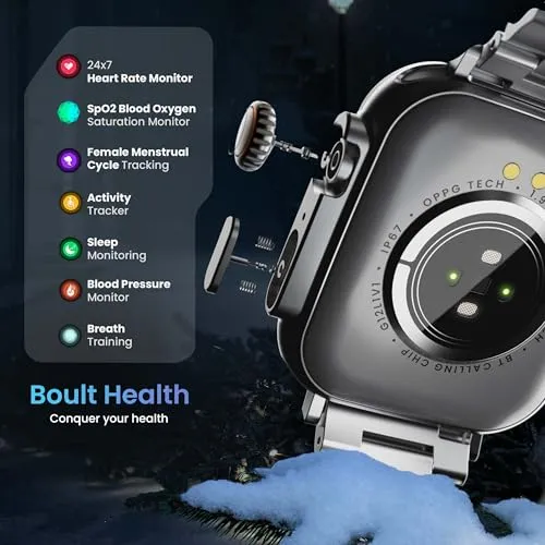 Boult Newly Launched Crown Smart Watch 1.95'' Display, Bluetooth Calling, Working Crown, Zinc Alloy Frame, 900 Nits Brightness, AI Voice Assistant, SpO2 Monitoring, 100  Sports Mode (Silver)