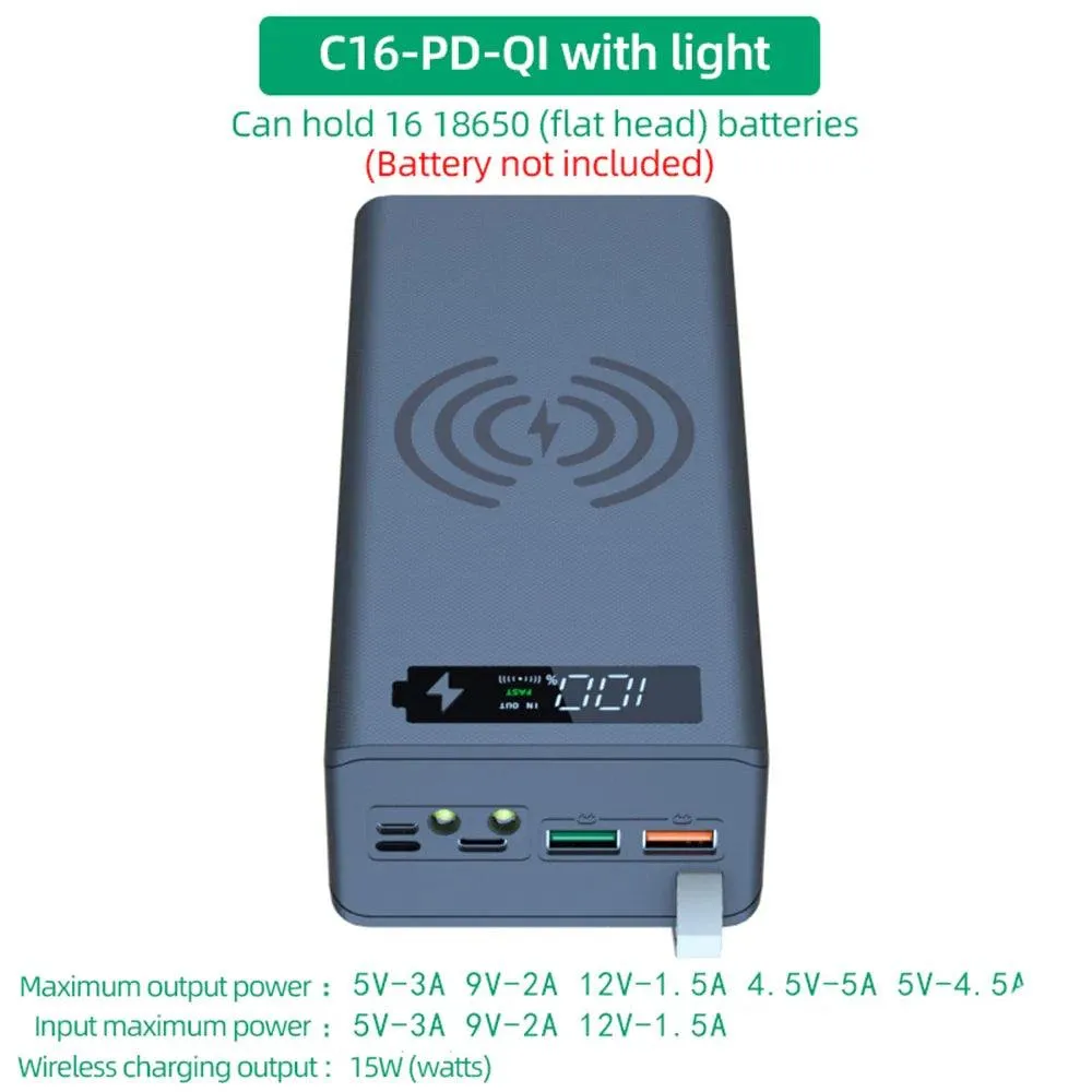 C16 USB Power Bank Case for 18650 Batteries - Detachable, Wireless Charging, and DIY Friendly