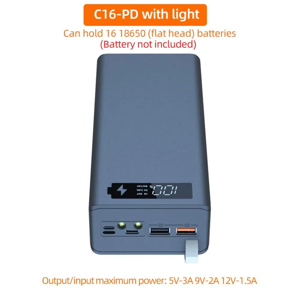 C16 USB Power Bank Case for 18650 Batteries - Detachable, Wireless Charging, and DIY Friendly