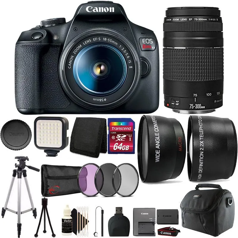 Canon EOS Rebel T7 DSLR Camera   18-55mm Lens   75-300mm   58mm Filter Kit   Telephoto   Wide Angle Lens   64GB Memory Card   Wallet   Reader   Compact Light   Case   Tall Tripod   CleaningKit   Mini Tripod