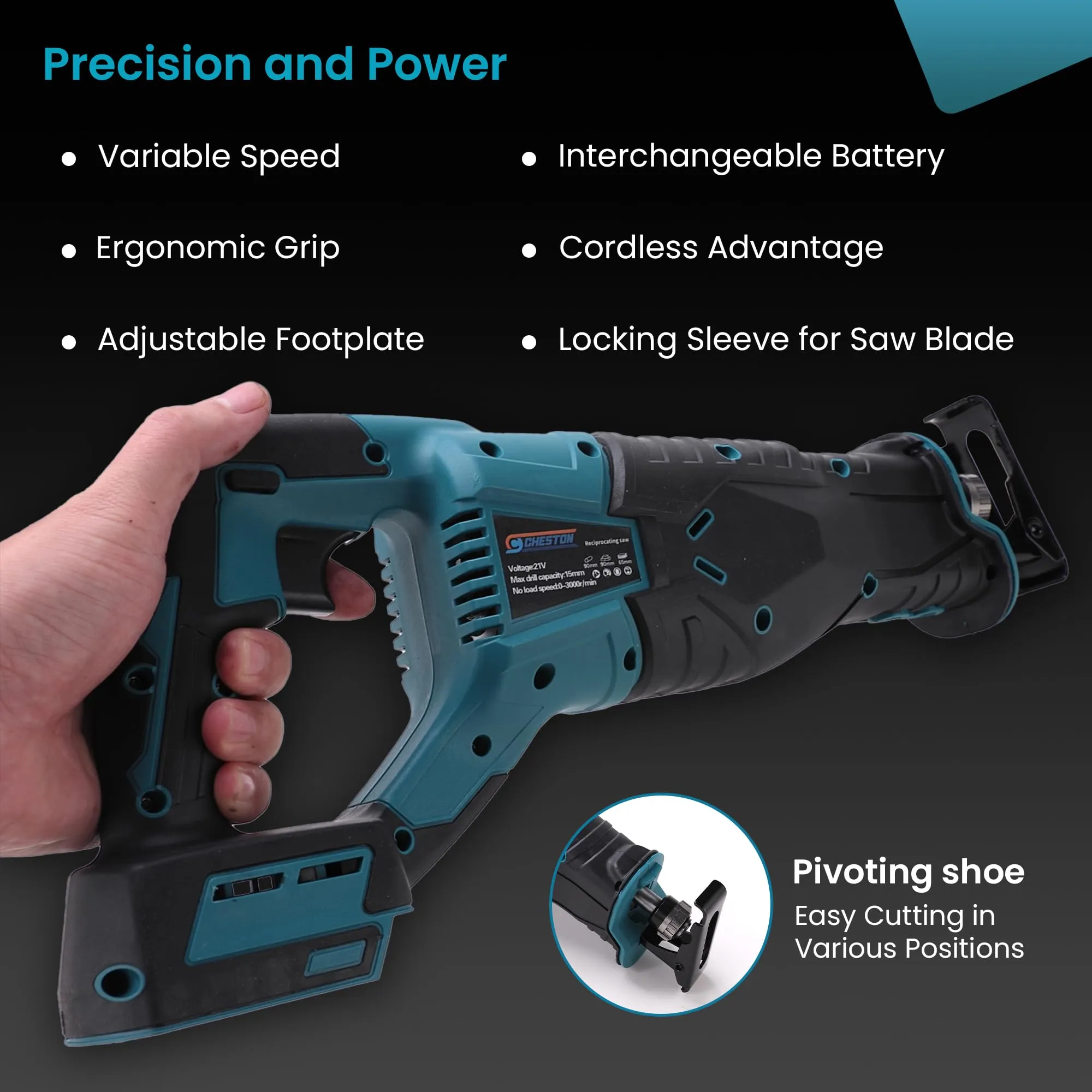 Cheston One 21V Cordless Reciprocating Saw Power Tool with Brushless Motor (Battery & Charger not included) | 90mm Cutting capacity | 3000RPM Wood Cutter Machine