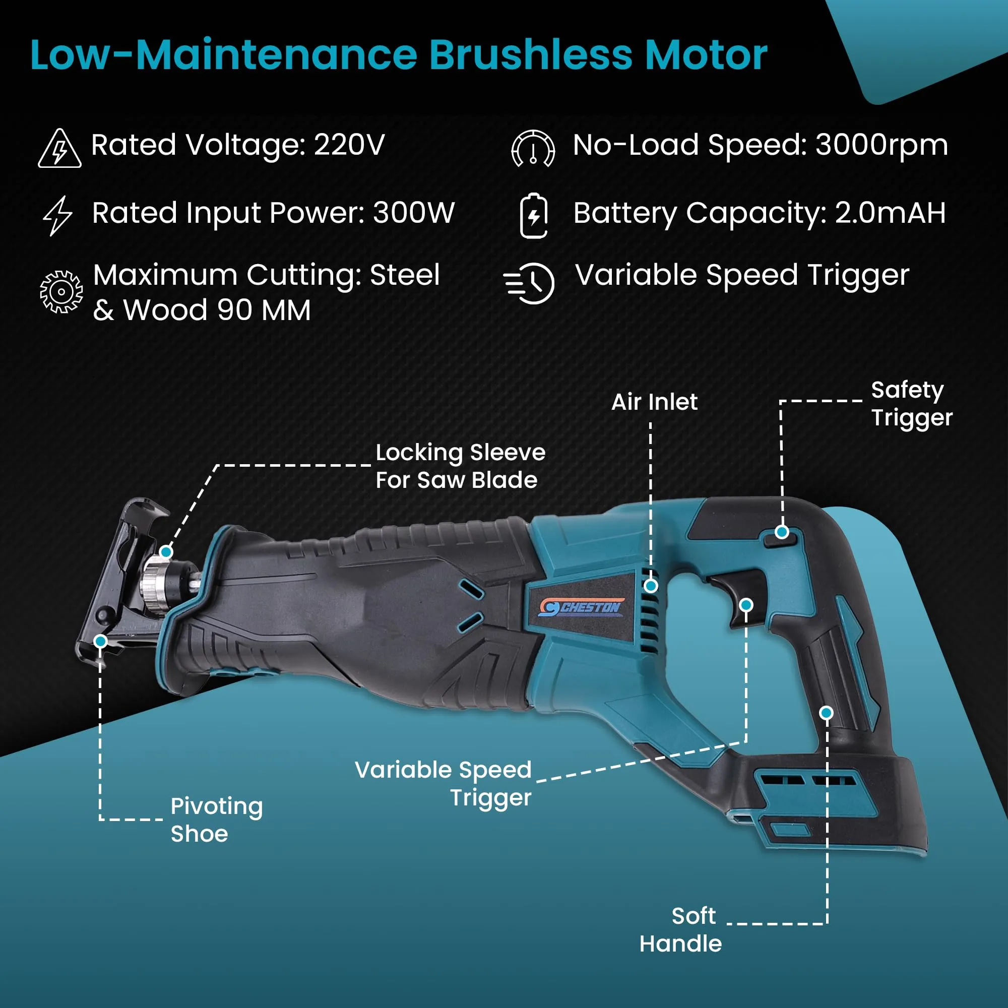 Cheston One 21V Cordless Reciprocating Saw Power Tool with Brushless Motor (Battery & Charger not included) | 90mm Cutting capacity | 3000RPM Wood Cutter Machine