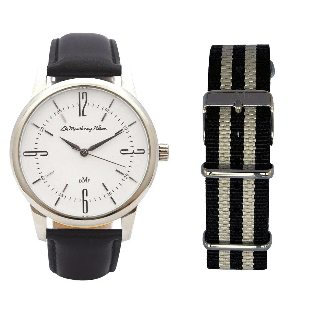 Classic Silver Watch with Black Leather Strap by DeMontbrayPilton