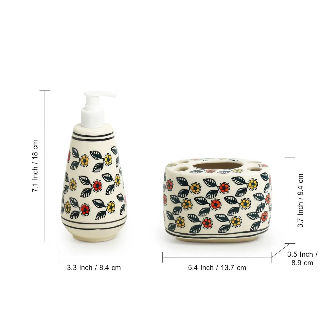 'Cozy Crossandras' Hand-Painted Bathroom Accessory Set In Ceramic (Liquid Soap Dispenser, Toothbrush Holder)