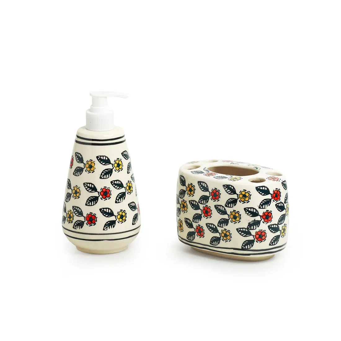 'Cozy Crossandras' Hand-Painted Bathroom Accessory Set In Ceramic (Liquid Soap Dispenser, Toothbrush Holder)