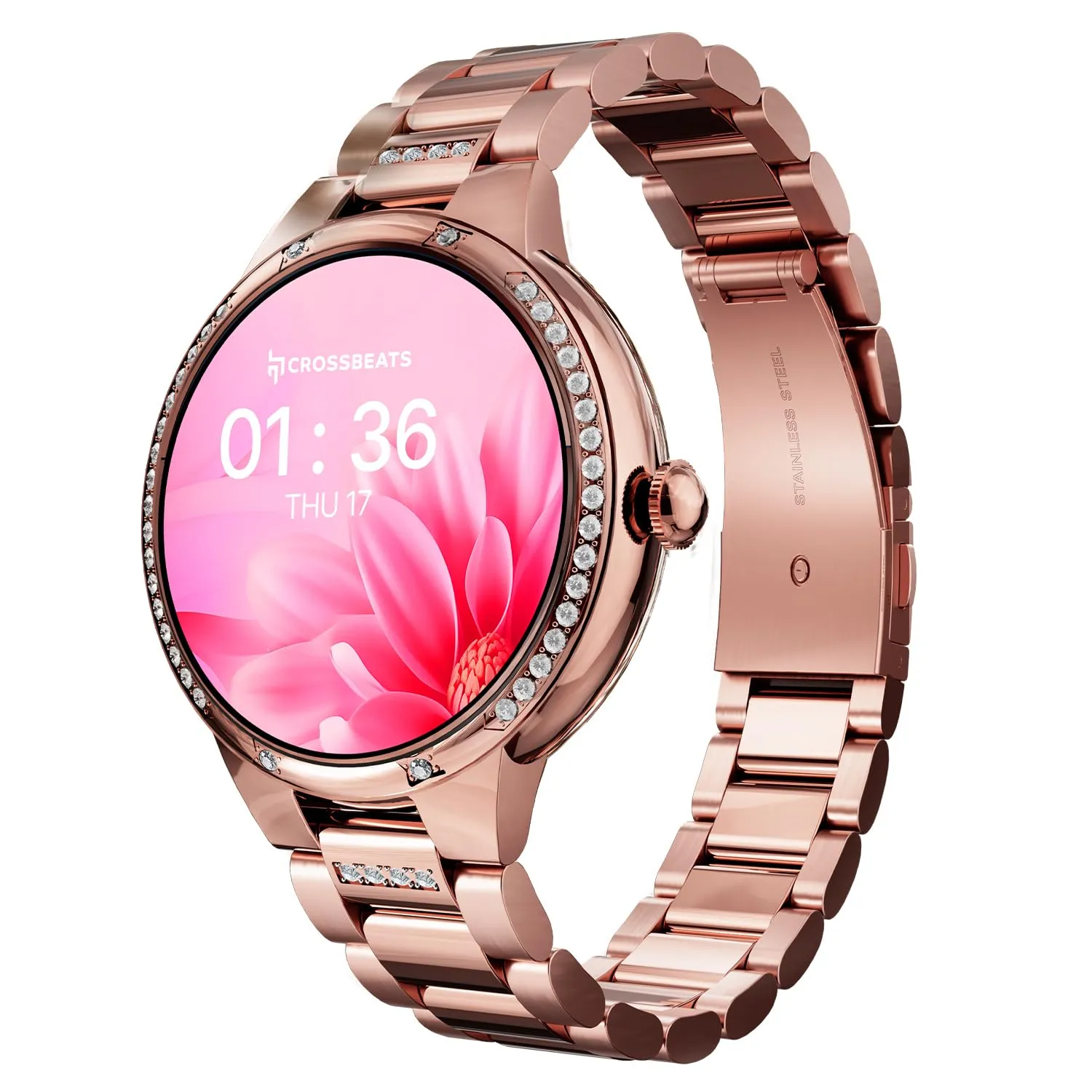 CrossBeats Diva 1.28” Stylish Smart Watch for Women with Stone Studded Bezel| Amoled Display | Female Health Tracker | 100 Sports Modes| Premium Metal Smartwatch with Wireless Charging - (Rose Gold)